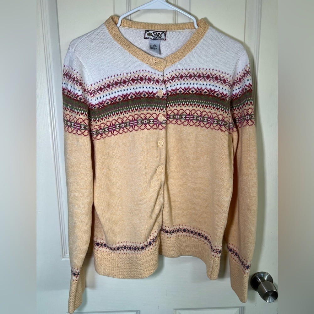 Vintage Tiara International Fair Isle Cardigan Sweater Ramie Cotton Size L